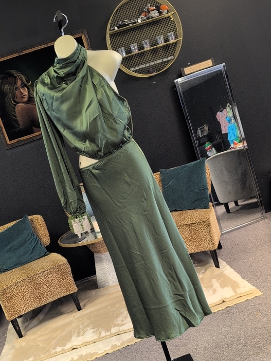 Petal & Pup Dresses & Skirts - Petal & Pup Olive Green One-Shoulder Satin Maxi Dress